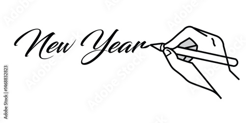 Hand holding pencil write new year drawing. Letter and diary concept in simple linear style. Vector illustration.