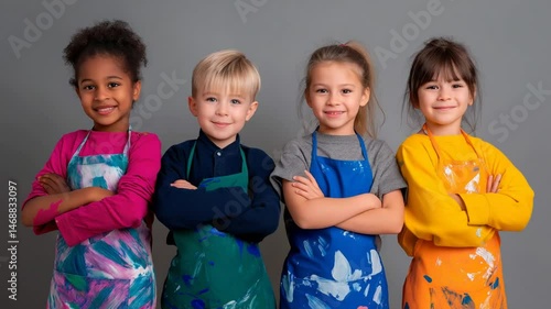 Kids in Paint-Splattered Aprons Showcasing Their Finished Artwork