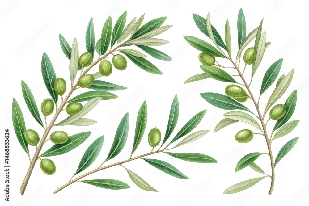 Fototapeta premium Detailed Hand-Drawn Illustration of Olive Branches with Green Olives