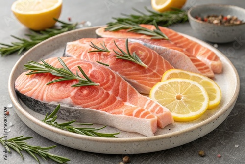 Fresh Salmon Steaks Garnished With Lemon and Rosemary Generative AI