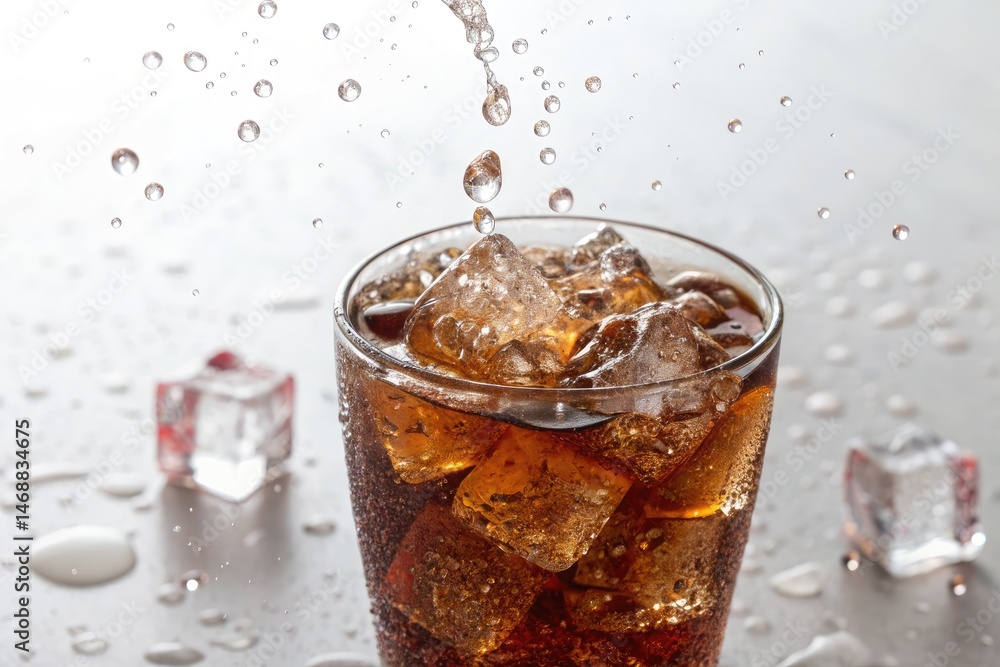 Refreshing Glass of Cola With Ice Cubes on a Clean Surface Generative AI