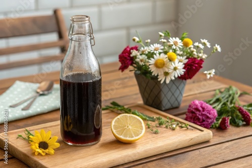 Glass Bottle of Dark Beverage With Fresh Flowers and Lemon Generative AI