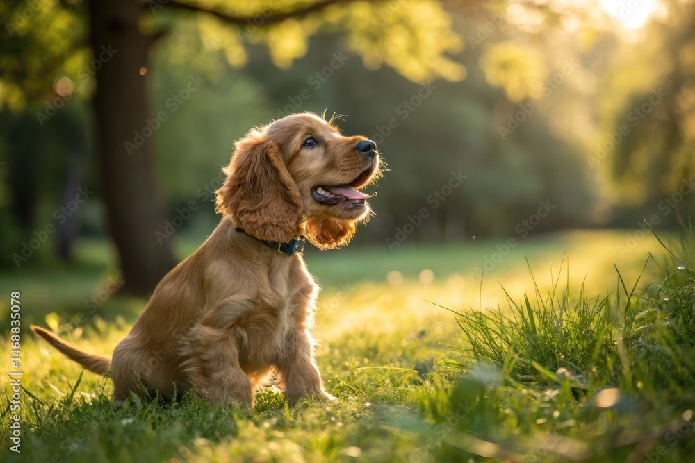 Happy Cocker Spaniel Puppy Enjoying a Sunny Afternoon in Grass Generative AI