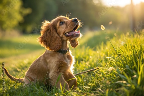 Obraz na płótnie Happy Cocker Spaniel Puppy Sits in Grass During Golden Hour Generative AI w salonie