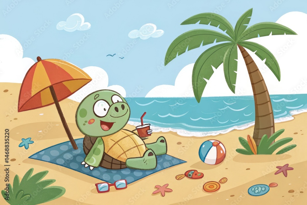 Happy Turtle Enjoys Summer Beach Vacation in the Sun Generative AI