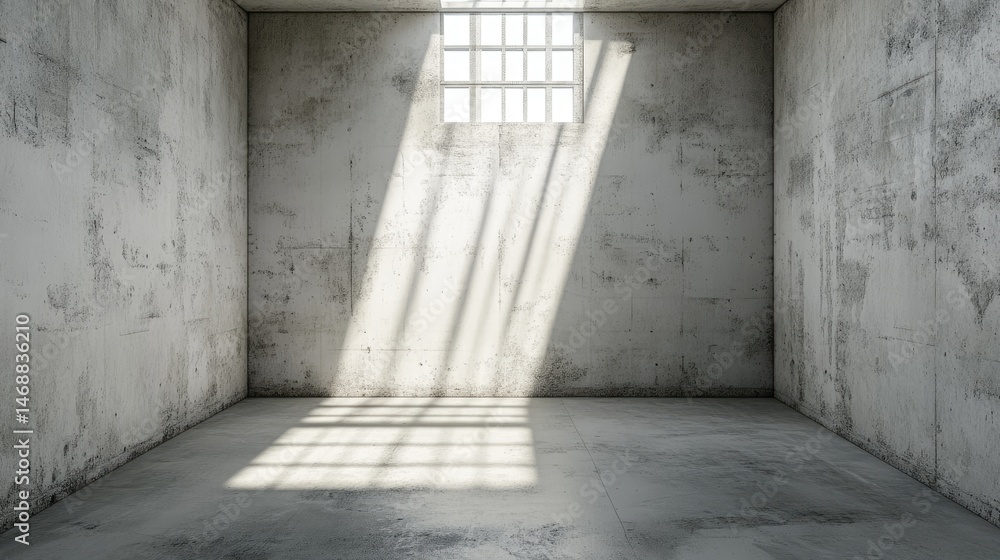 Fototapeta premium Empty concrete prison cell illuminated by sunlight.