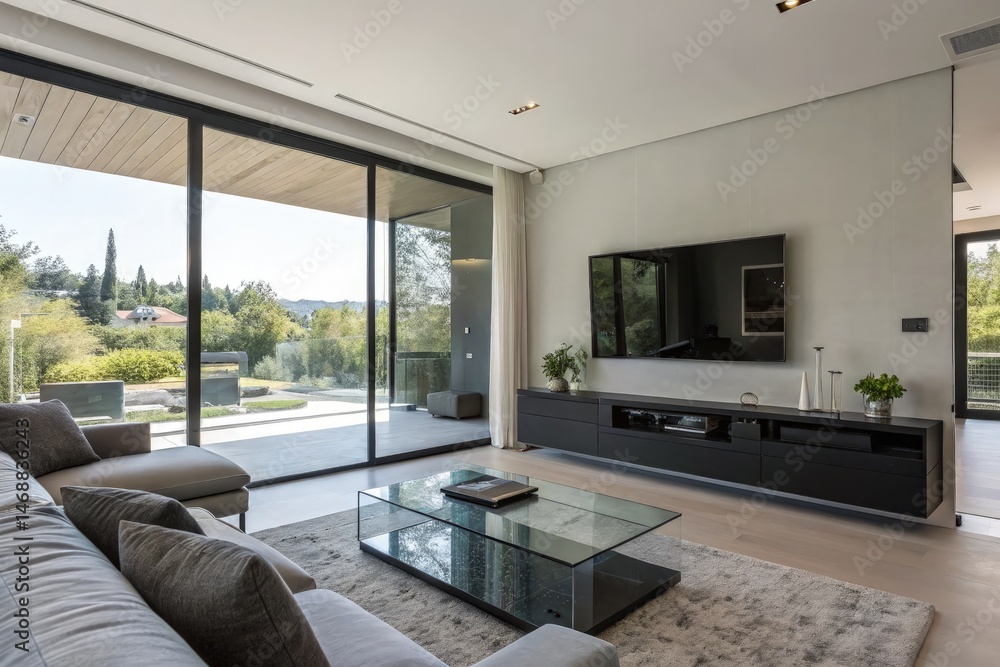Modern Living Room With Flat Screen Television and Outdoor View Generative AI