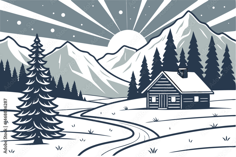 Naklejka premium 124 beautiful mountains, snowy landscape, log cabins, pine trees, winter scenery, sun rays, dramatic sky, peaceful, serene, idyllic, winter wonderland, scenic, landscape photography