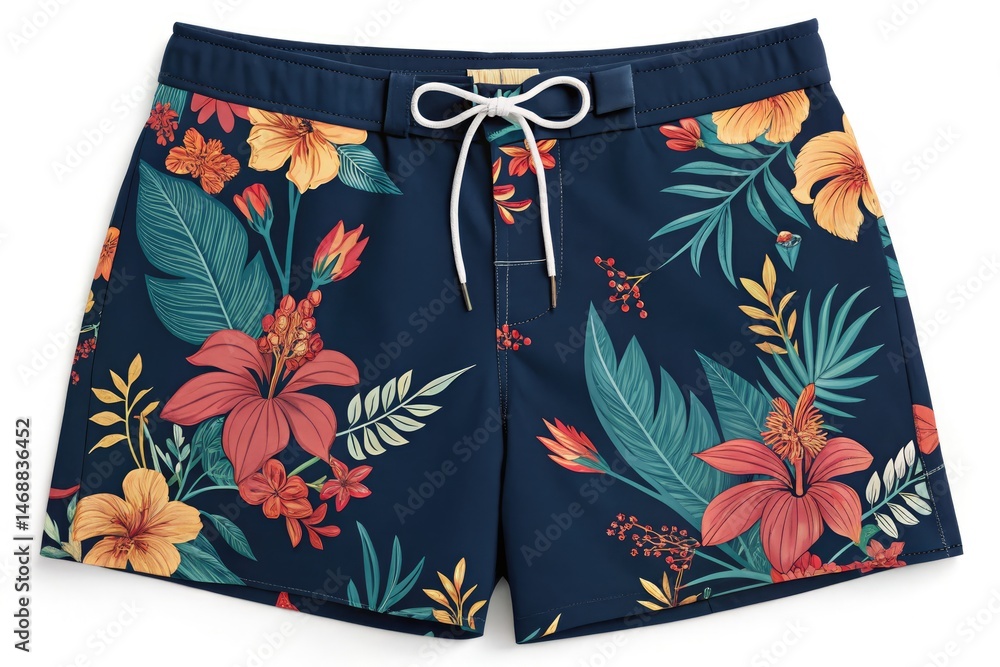 Navy Blue Floral Swimsuit Shorts for Summer Beach Activities Generative AI