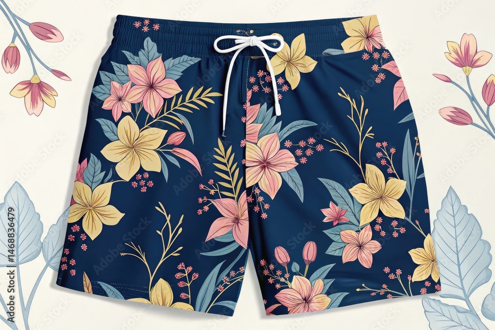 Navy Blue Floral Swimsuit Shorts Suitable for Summer Activities Generative AI