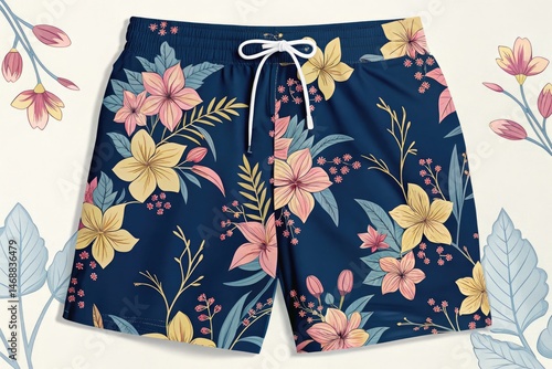 Obraz na płótnie Navy Blue Floral Swimsuit Shorts Suitable for Summer Activities Generative AI w salonie