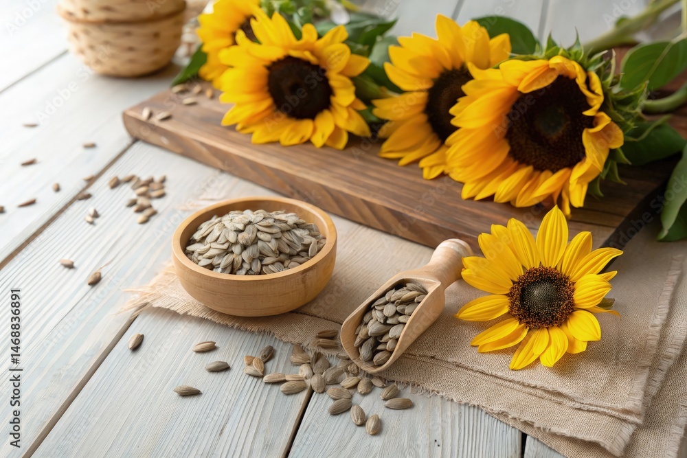 Organic Sunflower Seeds and Vibrant Flowers on Wooden Table Generative AI
