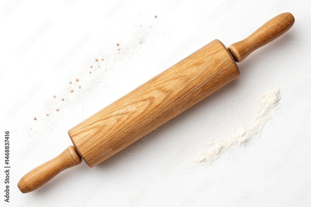 Wooden Rolling Pin on White Background With Flour Scattered Generative AI