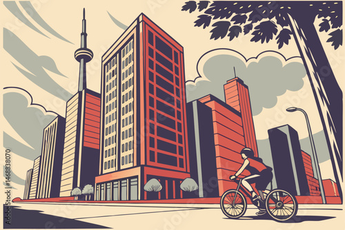 125 urban cityscape, modern architecture, skyscrapers, cyclist riding a bicycle, tree-lined streets, cloudy sky, detailed illustration, vibrant colors, cinematic lighting, digital art, isometric persp