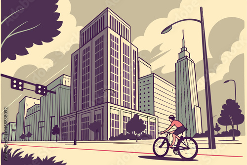 125 urban cityscape, modern architecture, skyscrapers, cyclist riding a bicycle, tree-lined streets, cloudy sky, detailed illustration, vibrant colors, cinematic lighting, digital art, isometric persp