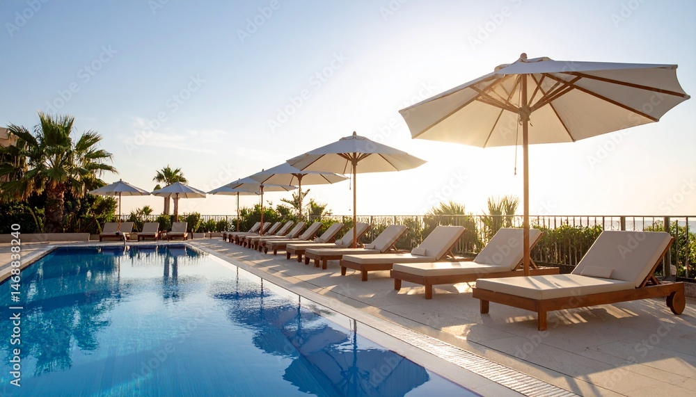Fototapeta premium Beachfront hotel outdoor pool in the morning sunshine, rows of sun loungers and white parasols next to it.