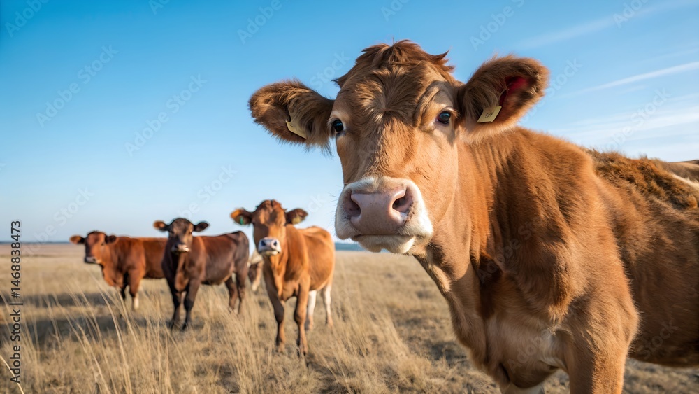 Four Brown Cows Standing in a Dry Grassy Field Under a Blue Sky Four Brown Cows Standing in a Dry Grassy Field Under a Blue Sky