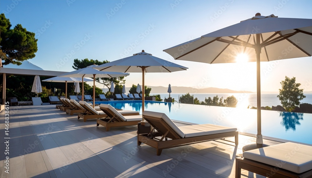 Fototapeta premium Beachfront hotel outdoor pool in the morning sunshine, rows of sun loungers and white parasols next to it.