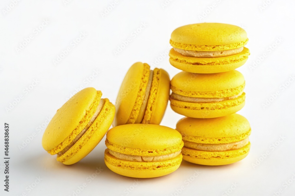 Delicious Yellow Macarons Stacked on a Clean White Background Generative AI