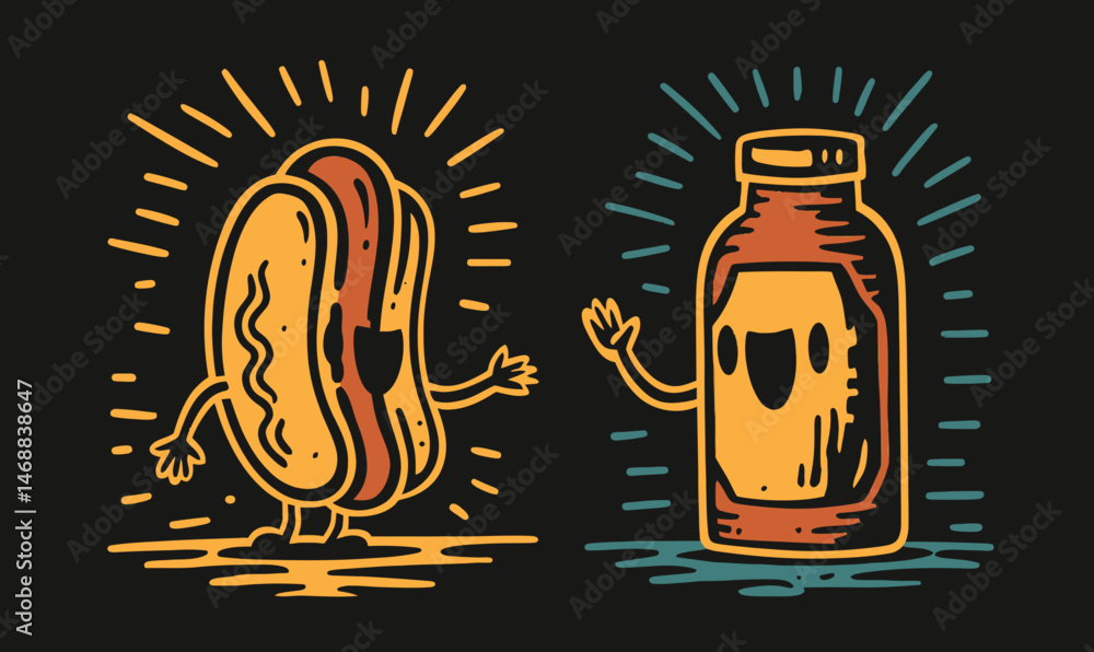 Fun Hand-Drawn Doodle of Hot Dog and Bottle with Smiling Faces Fun Hand-Drawn Doodle of Hot Dog and Bottle with Smiling Faces