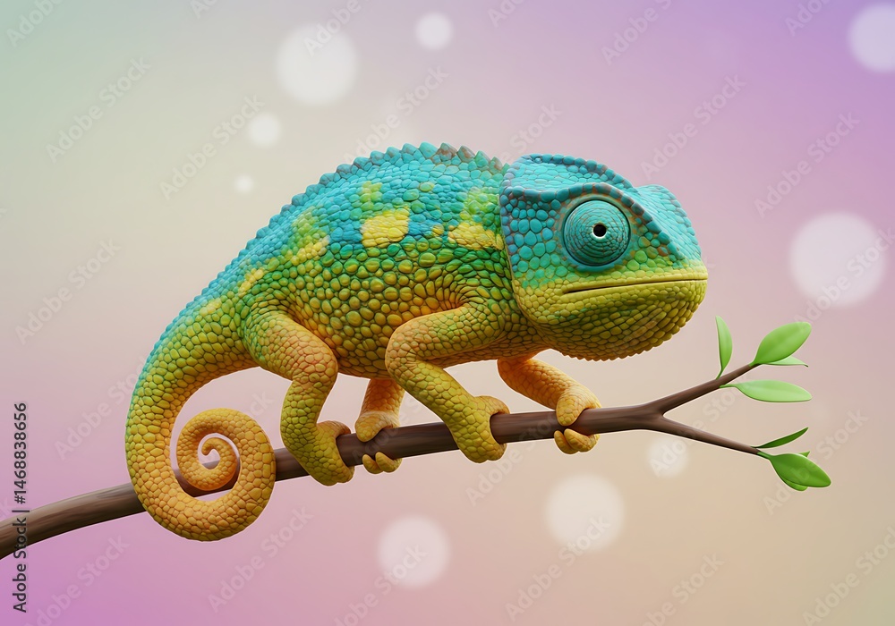 Obraz premium Colorful Chameleon on Branch, 3D Render
