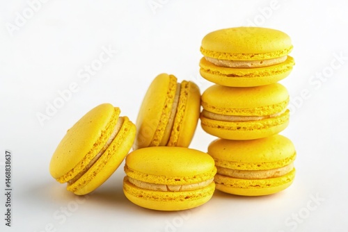 Obraz na płótnie Delicious Yellow Macarons Stacked on a Clean White Background Generative AI w salonie