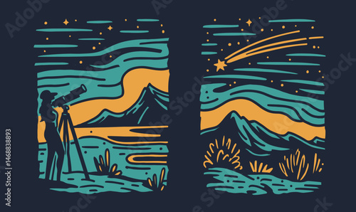 Woman Observing Night Sky with Telescope and Shooting Star Doodle Art