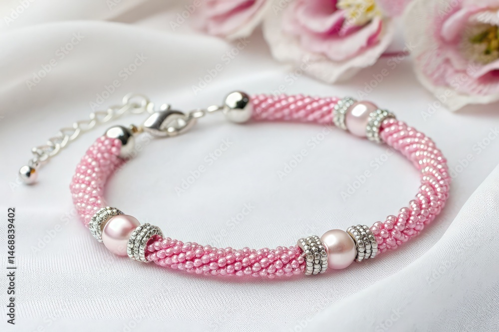 Elegant Pink Beaded Bracelet With Silver Accents Lying on Fabric Generative AI