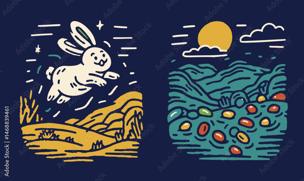 Playful Doodle of a Rabbit in Nature and Colorful Jelly Beans Scene Playful Doodle of a Rabbit in Nature and Colorful Jelly Beans Scene