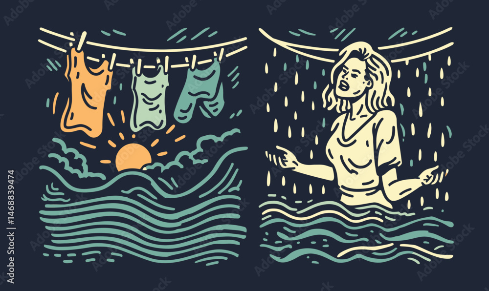 Obraz premium Hand-drawn Doodle of Woman in Rain with Laundry and Sun Setting