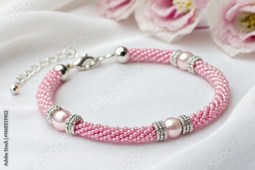 Obraz na płótnie Elegant Pink Beaded Bracelet With Silver Accents Lying on Fabric Generative AI w salonie