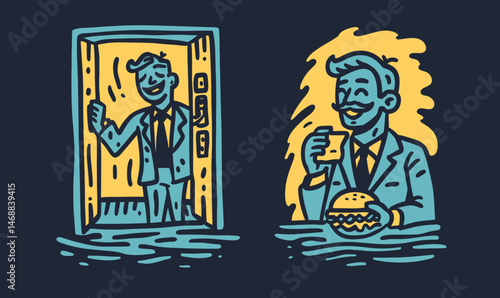 Cheerful Hand Drawn Doodle of Man Eating Burger in Suit
