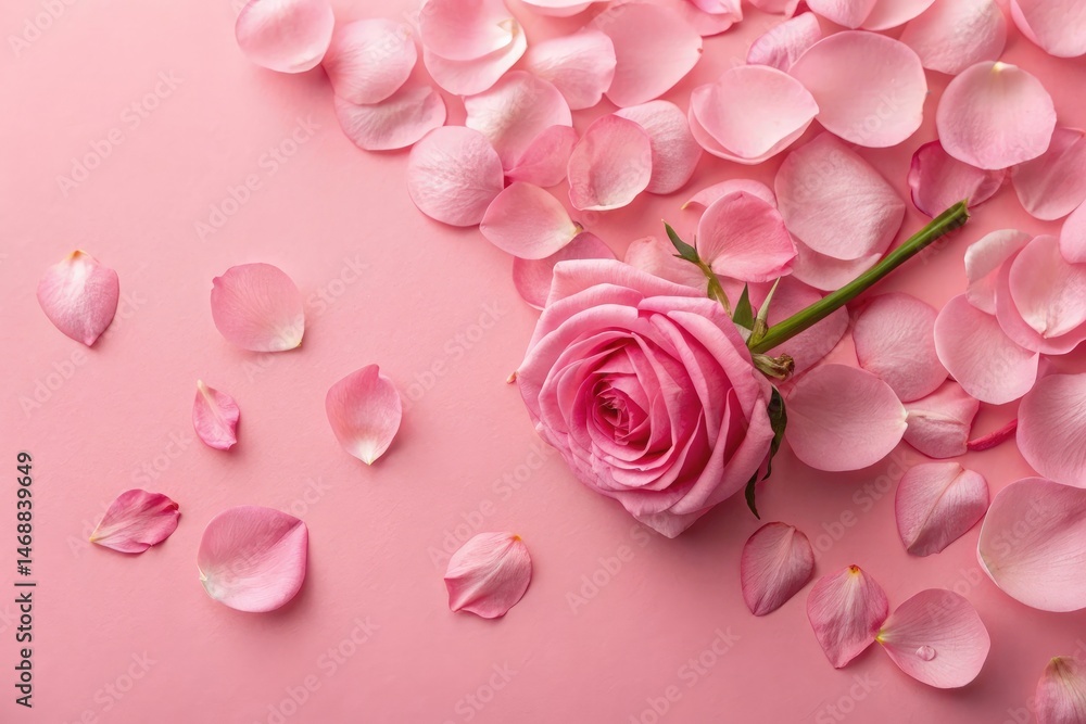 Pink Rose Petals Scattered on Soft Pink Background Generative AI