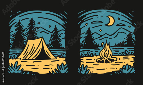 Hand-Drawn Doodle of Tent and Campfire in Nature Scene