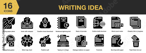 Writing Ideas solid icon set. Includes inspiration, pen, writer, notebook, pencil, book, and More. Solid icons vector collection.