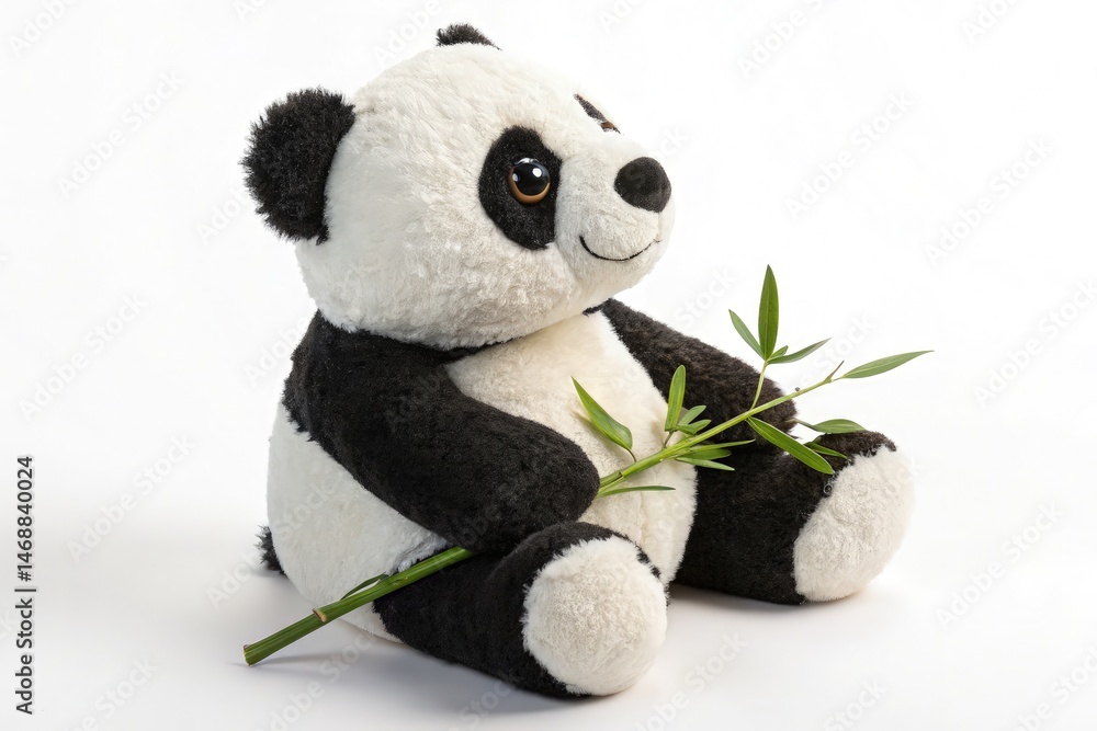 Plush Panda Toy Holding Bamboo on a White Backdrop Generative AI