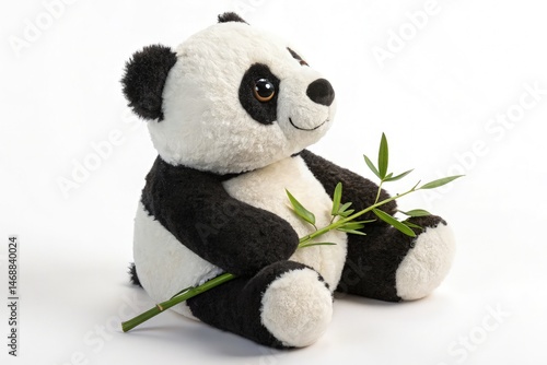 Obraz na płótnie Plush Panda Toy Holding Bamboo on a White Backdrop Generative AI w salonie