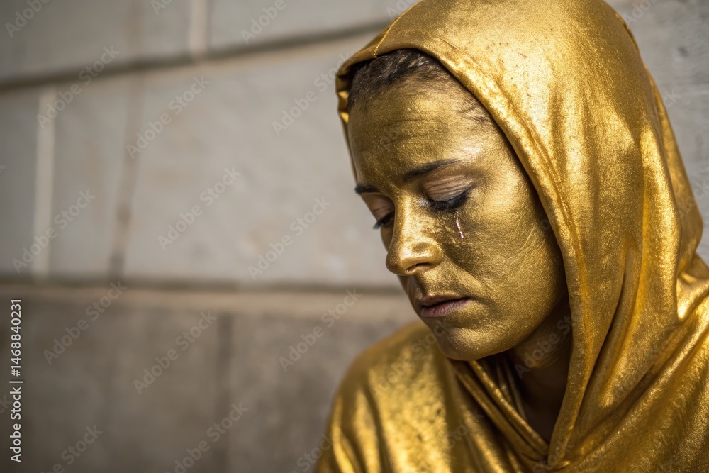 Portrait of a Person Covered in Gold Paint in an Urban Setting Generative AI