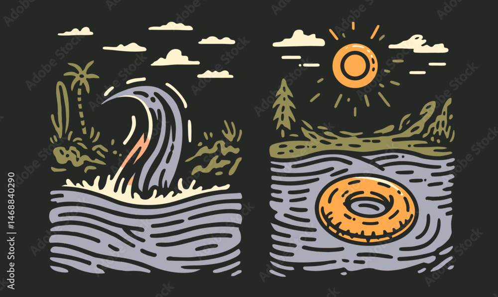 Fototapeta premium Vibrant Hand-Drawn Doodle of Waves and Sun on Dark Background