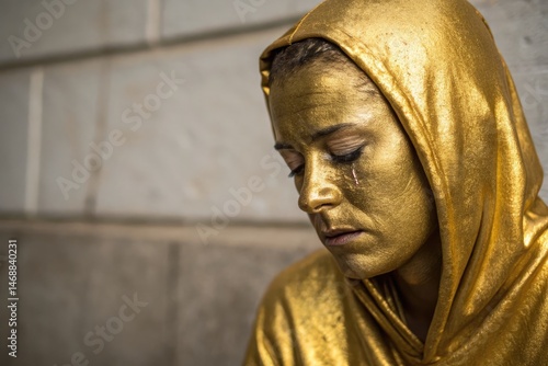 Obraz na płótnie Portrait of a Person Covered in Gold Paint in an Urban Setting Generative AI w salonie