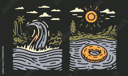 Vibrant Hand-Drawn Doodle of Waves and Sun on Dark Background