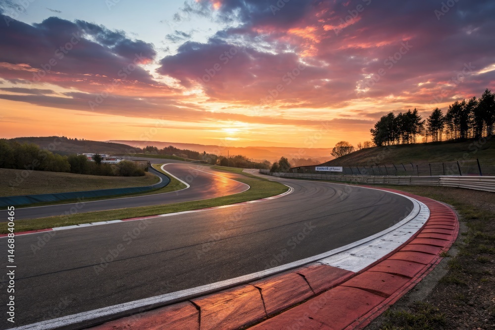 Race Track Curves Toward Sunset on Vibrant Horizon Generative AI