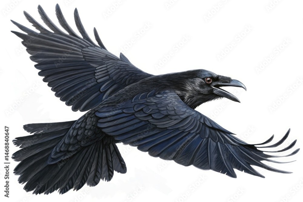 Realistic Raven Soaring Through the Air Against a White Background Generative AI