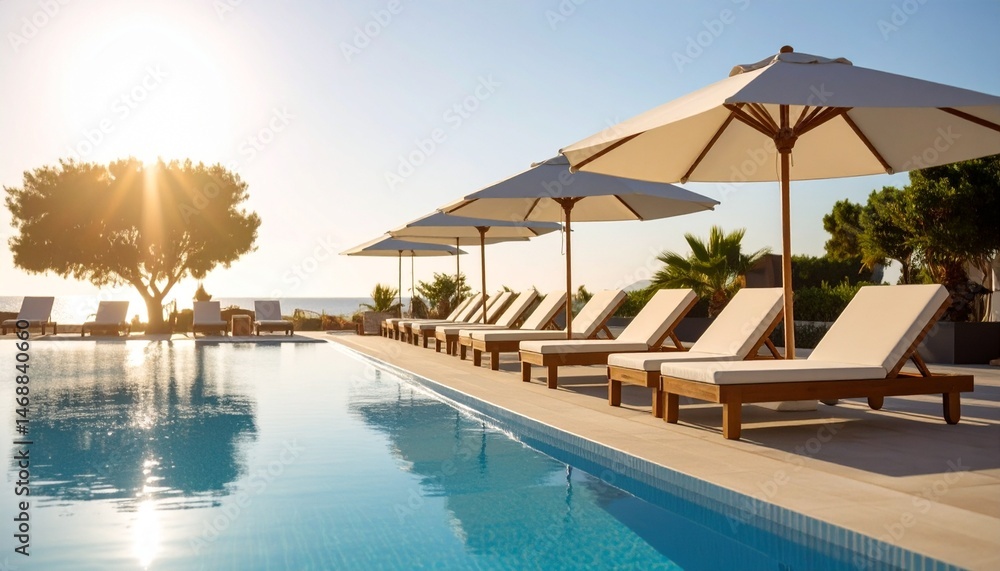 Fototapeta premium Beachfront hotel outdoor pool in the morning sunshine, rows of sun loungers and white parasols next to it.