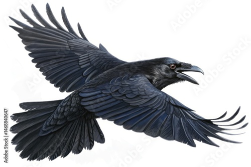 Obraz na płótnie Realistic Raven Soaring Through the Air Against a White Background Generative AI w salonie