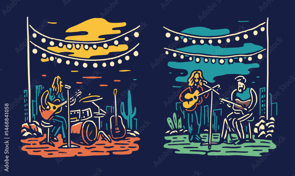 Fototapeta premium Colorful Doodle Art of Live Music Performance with Instruments and Lights