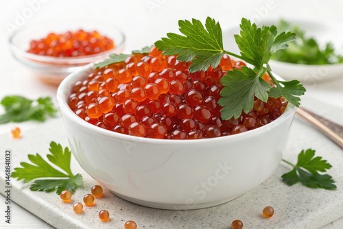 Red Caviar in White Bowl Garnished With Parsley Generative AI