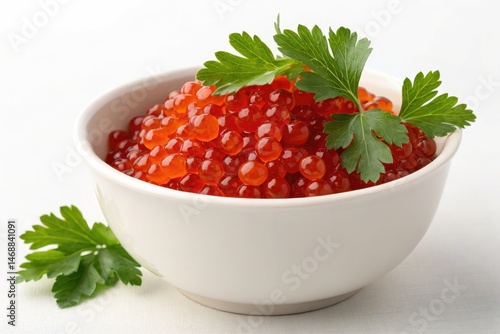 Obraz na płótnie Delicious Red Caviar Served in a White Bowl With Parsley Generative AI w salonie