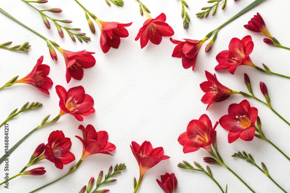 Red Freesia Flowers Arranged Elegantly on a White Background Generative AI