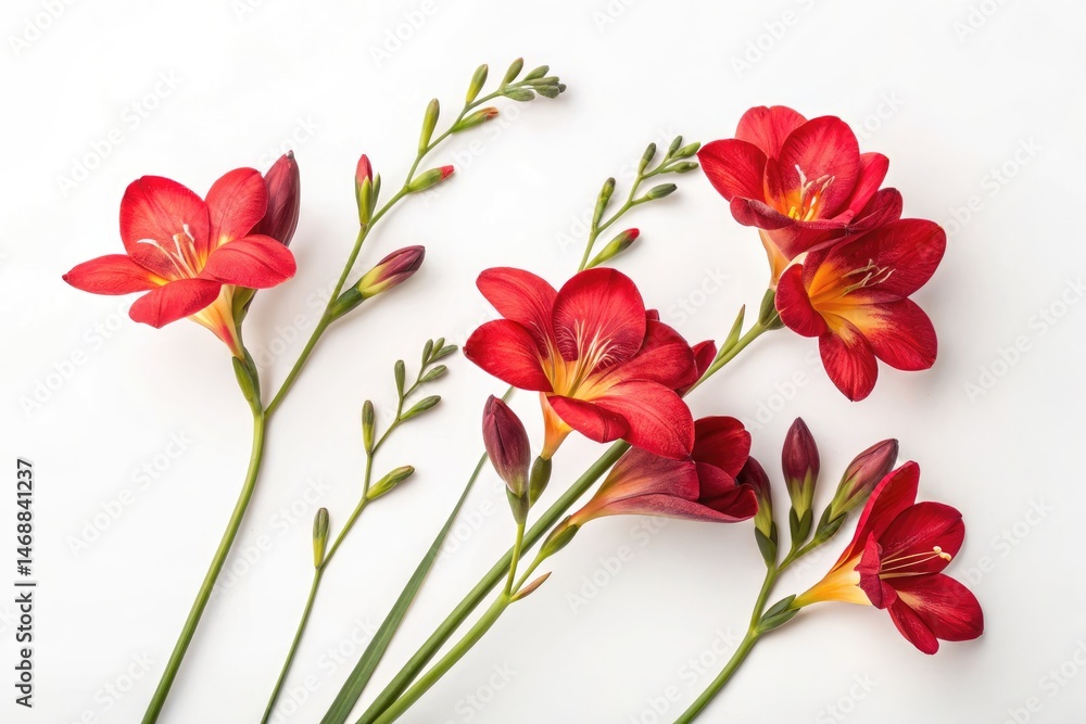 Red Freesia Flowers Arranged Beautifully on White Background Generative AI